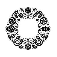 Whimsical Black and White Circular Featuring stylized Candies, Lollipops, and Festive Decorative Elements, in a Minimalist Aesthetic vector