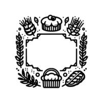 Elegant Black White Bakery Frame Wheat, Muffins Leaves, with a central space for text in a square . vector