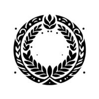 Symmetrical, stylized laurel wreath with floral motifs, stars, dots, and decorative elements, isolated on white, creating a minimalist, elegant emblem. vector