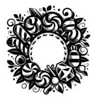 Intricate Black and White Candy Wreath with Blank Center for Text or vector