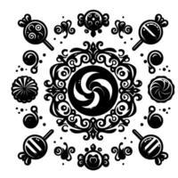 Symmetrical Black and White Intricate Ornamentation with Swirls, Candies, and Decorative Elements on White Background. vector