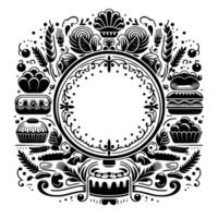 Intricate Black and White BakeryThemed Circular , Featuring Bread, Cakes, and Floral Elements Surrounding a Blank Center, Perfect for Branding. vector