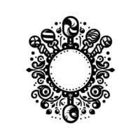 Elegant Black and White Emblem Lollipops Frame a Circular Space Amidst Ornate Floral Motifs, Creating a Decorative . vector