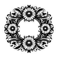 Intricate Black and White Floral Wreath A Symmetrical Composition of Daisies, Leaves, and Embellishments with an Open Center. vector