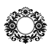 Elegant symmetrical floral frame in monochrome with detailed blossoms, encircling a blank circle, suitable for invitations or decorative elements on a white backdrop. vector