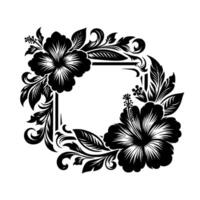 Ornate Black and White Hibiscus Flower Frame, Botanical , Floral Border, Square Layout, Artistic Decorative Element. vector