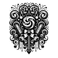 Intricate black and white candy composition featuring stylized lollipops, swirls, and ornaments with a central bow on a white background. vector