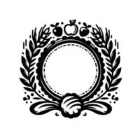 Intricate black and white emblem featuring a circular frame adorned with wheat, leaves, and apples, suggesting harvest. vector