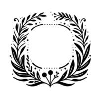Black and White Botanical Frame Elegant, Circular Foliage Wreath Adorned with Leaves, Berries, and Dots on White Background vector