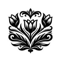 Elegant Black and White Floral Crest Symmetrical TulipBased with Ornate Leaf and Scroll Elements on a White Background. vector