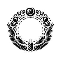Black and White Circular Decorative Wreath with Floral and Scroll Elements, Ideal for Designs, Emblems, and Logos. vector