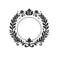 Elegant Black and White Floral Wreath with Decorative Leaves and Dotted Inner Circle on White Background, with Shadow. vector