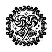 Intricate Black and White Illustration Two Swirled Lollipops Intertwined with Candies and Ornate Circle Pattern, a Sweet . vector