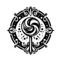 Intricate Black and White Circular Ornament Featuring a Swirl Lollipop with Floral and Star Motifs, Decorative Frame. vector