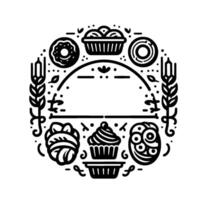 Circular Bakery Emblem Donut, Bread, Pastry, and Wheat Stalks for Cafe or Shop . vector