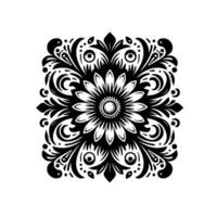 Symmetrical Floral A Square Composition Featuring a Detailed Black and White Flower Ornament with Intricate Foliage and Repeating Eyelike Elements. vector