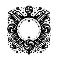 Intricate Black and White Decorative Frame Featuring Candy Elements, Spiral Lollipops, and a Circular Empty Center. vector