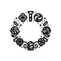 A circular symmetrical of stylized, outlined candies, lollipops, and ornaments arranged on a white background. vector