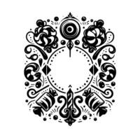 Ornate monochrome candy frame with swirls, lollipops, candies, dots and a centered circle. vector