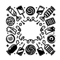 Black and White Candy Frame A whimsical composition of assorted sweets encircling a blank space, perfect for playful designs. vector