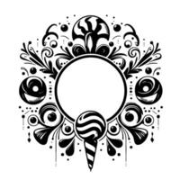 Intricate Black and White Swirls and Sweets Frame Circular Featuring Lollipops, Ice Cream Cone, and Decorative Elements. vector