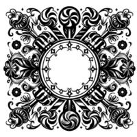 Intricate black and white confectionery , featuring ornate lollipops, floral elements, and an ornamental circular frame, creating a symmetrical, decorative pattern. vector