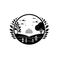 Black and white stylized nature scene, framed within a circle, featuring trees, plants, a sunset, clouds, and a minimalist . vector