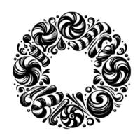 Intricate Black and White Wreath Composed of Detailed Candies, Swirls, and Dots, Creating a Decorative and Festive on a White Background. vector