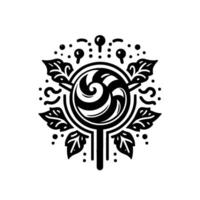 Ornate Black and White of a Swirling Lollipop with Leaves and Circular Decorative Elements. vector