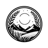 Circular, black and white illustration of a landscape with mountains, fields, foliage, and celestial elements within a border, minimalist. vector