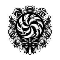 Whimsical monochrome lollipop illustration with surrounding candy, swirls, and bow elements, creating a decorative sweet . vector