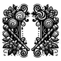 Symmetrical Black and White Illustration of Christmas Lollipops, Candy Canes, Leaves, and Swirls, creating a festive and decorative pattern. vector