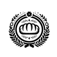 Elegant Black and White Bakery featuring a Loaf of Bread in a Circular Wreath with Botanical Embellishments. vector