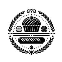 Monochromatic Food Illustration A Stylized Circular Emblem Featuring a Cupcake, Burgers, a Sub, and Laurel Wreath with Dots. vector