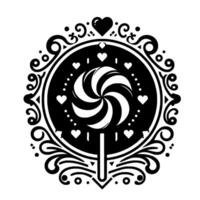 Black and White Circular Lollipop with Ornate Border and Heart Embellishments, Isolated on White Background vector
