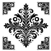Elegant Black and White Damask Pattern with Central Floral Motif and Corner Ornamentation on a Solid White Backdrop. vector
