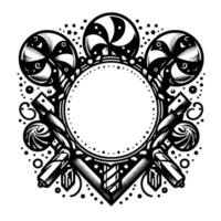 Intricate Black and White Lolipop Frame with a Central Circle for Text or Image, Decorative Swirls and Candies. vector