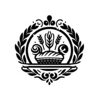 Elegant Black and White Bakery Emblem A Round Crest with Bread, Wheat, Laurel Wreath, and Flourishes, on white background. vector
