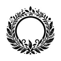 Intricate Black White Illustration Circular Botanical Frame with Leaves, Berries, and Foliage Surrounding an Empty Center. vector