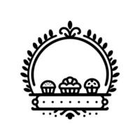Elegant Black and White Bakery Featuring Crowned Wreath Surrounding Three Cupcakes on a Decorative Shelf. vector