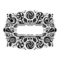 Black and white illustration of a candythemed frame with swirls, lollipops, leaves, and decorative elements surrounding a blank rectangular space. vector