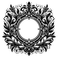 Intricate Black and White Circular Floral Frame Ornament with Ornamental Elements and Empty Center. vector