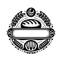 Ornate Black and White Bakery Emblem Loaf of Bread, Wheat, Circular Border, and Blank Banner for Custom Text vector