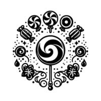 A whimsical, symmetrical black and white illustration featuring lollipops, candies, and floral elements arranged in a circular, decorative pattern. vector