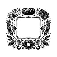 Intricate Black and White Decorative Frame with Floral and Bread Elements, Perfect for Invitations or Logos. vector