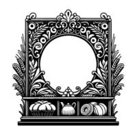 Ornate Monochrome Illustration Bread Basket, Teapot, Pumpkin, and Donut Displayed Within Elaborate Floral and WheatAdorned Frame. vector