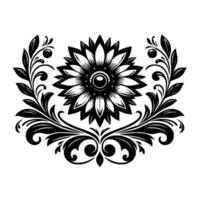 A symmetrical black and white floral illustration featuring a central flower surrounded by stylized leaves and ornamental patterns against a plain white backdrop. vector