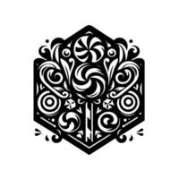 Intricate Black and White Ornamental Lollipop Emblem, Hexagon Frame, Elegant Swirls and Elements, Isolated on White. vector