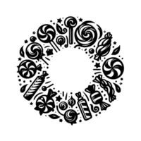 A circular arrangement of various candy and sweets, in a minimalist black and white style, with a central white void. vector