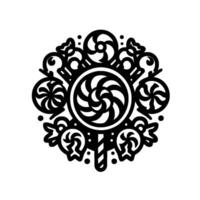 Black and White Candy Medley Ornamental, Circular Arrangement of Lollipops, Hard Candies, and Sweets, with a clean, minimalist, and style. vector